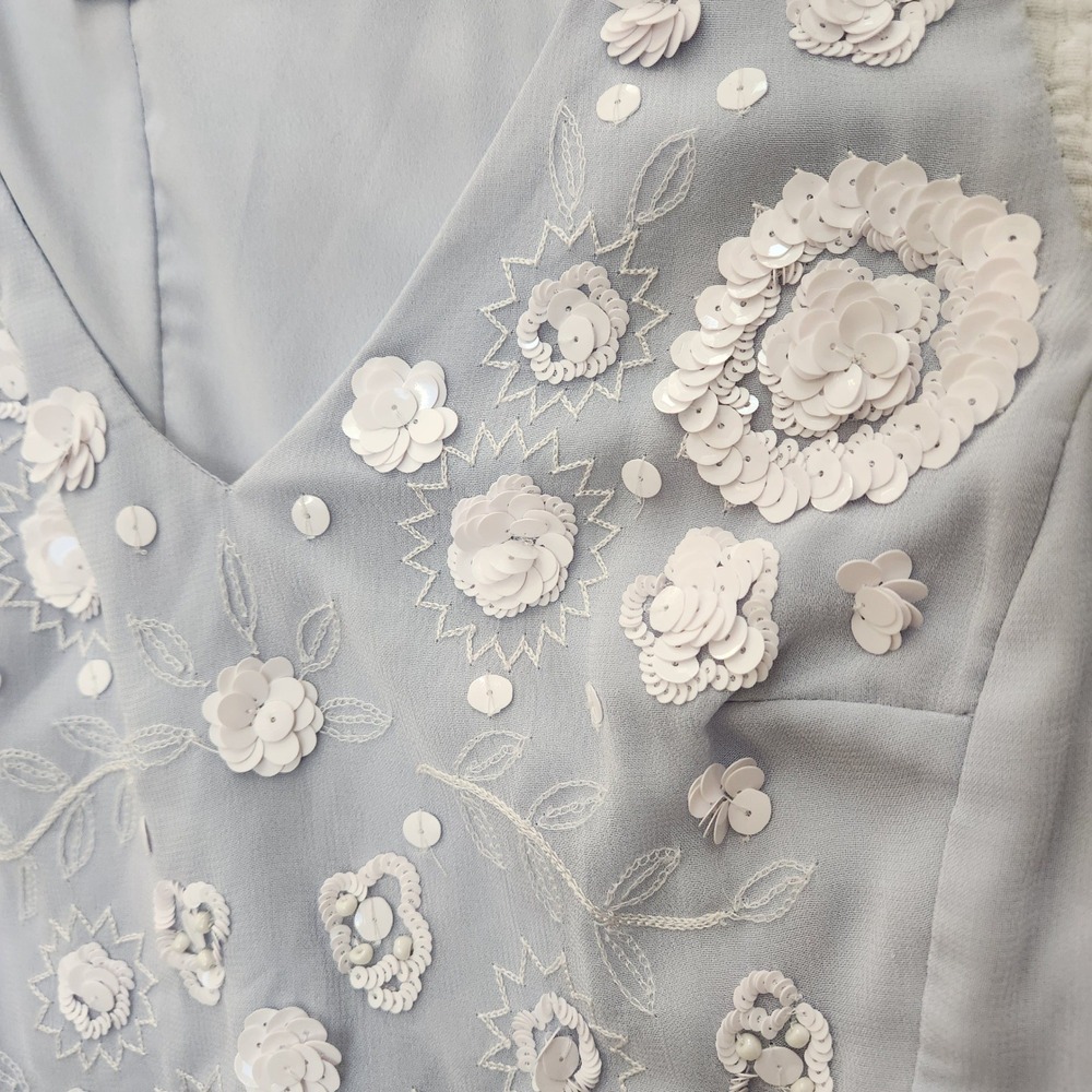 French Connection Blue Floral Sequin Embroidered Midi Dress, Womens Size 6 - Picture 4 of 9